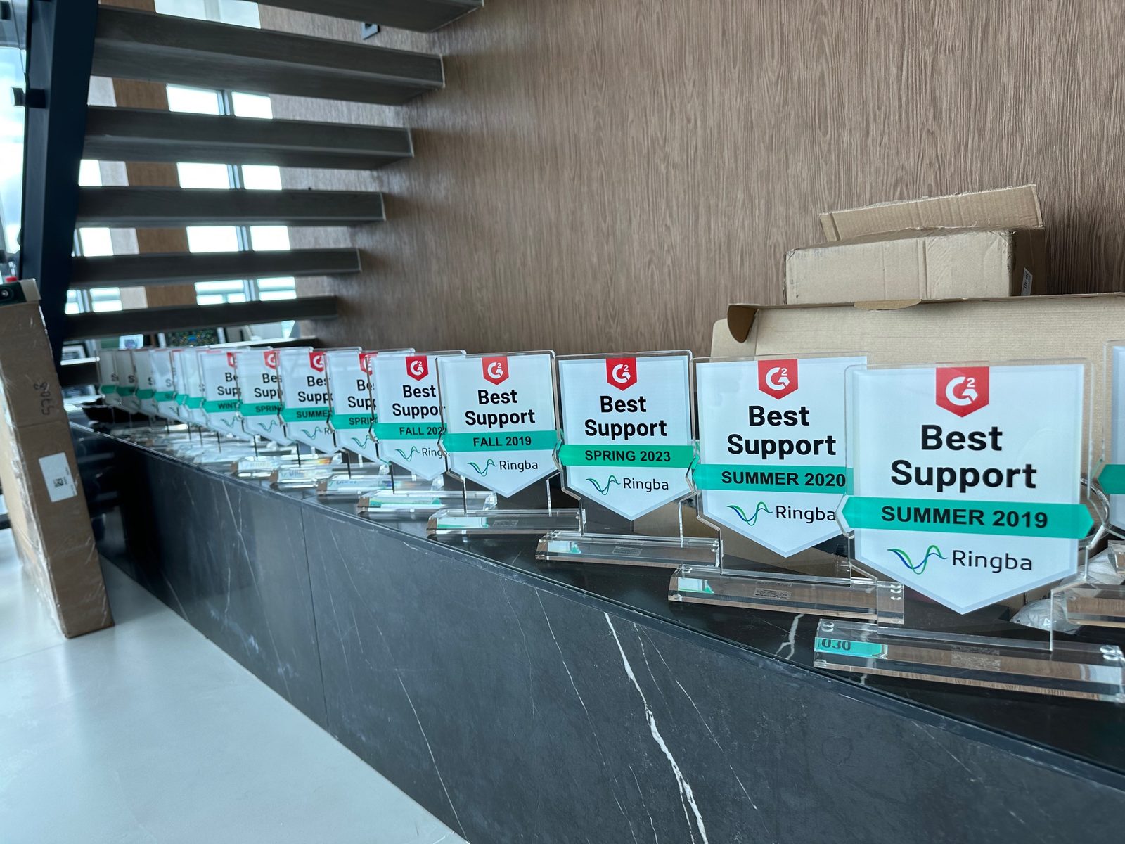 A long row of G2 Best Support trophies awarded to Ringba, Summer 2019 through 2023