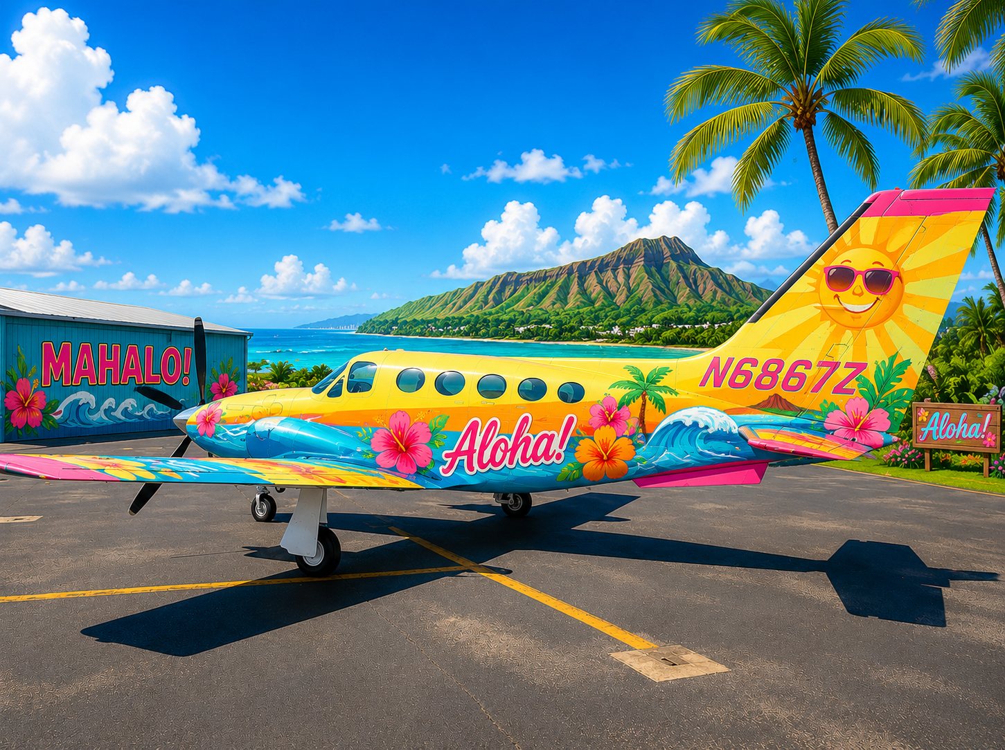 The Aloha-liveried Ohana turboprop with its sunglasses-wearing sun tail art