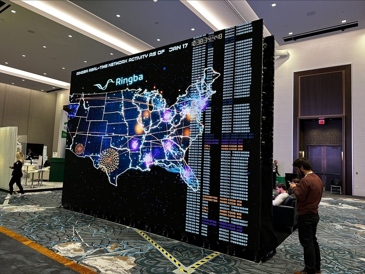 Ringba's live network wall showing real-time call activity across a map of the United States
